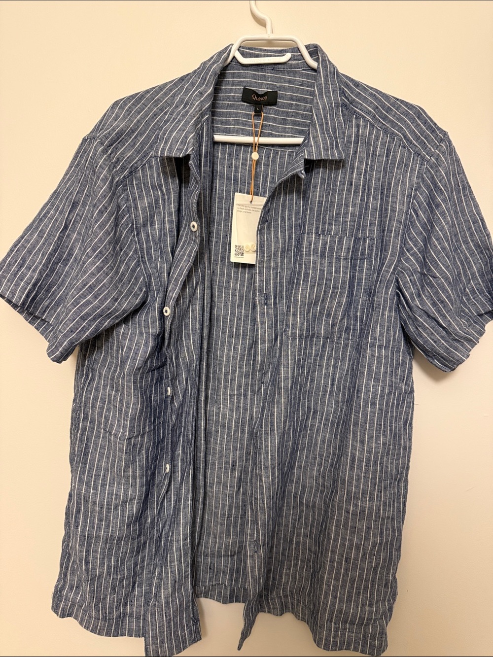 Quince Navy and White Striped Short Sleeve Button-Down Shirt